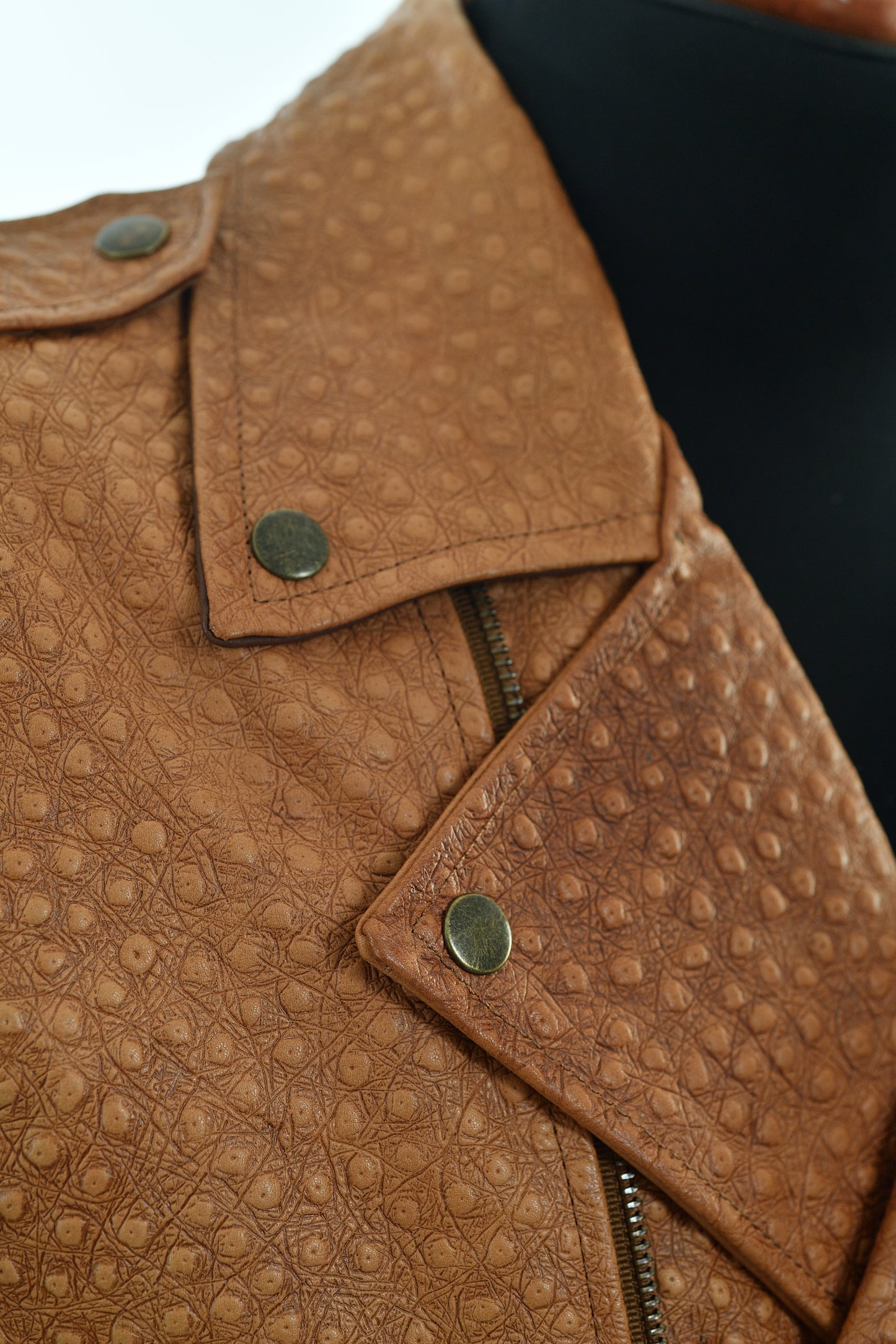 mens Cognac Ostrich-Textured Leather Moto Jacket los angeles