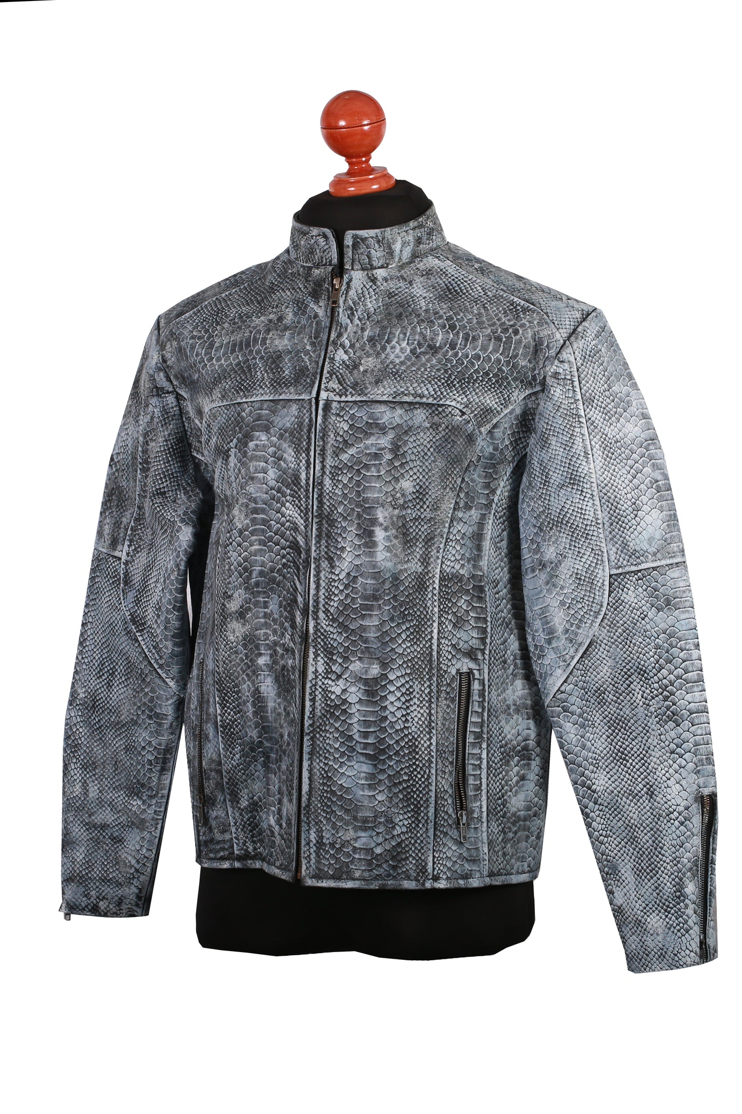 mens Unique Wash Gray Snake-Embossed Leather Jacket
