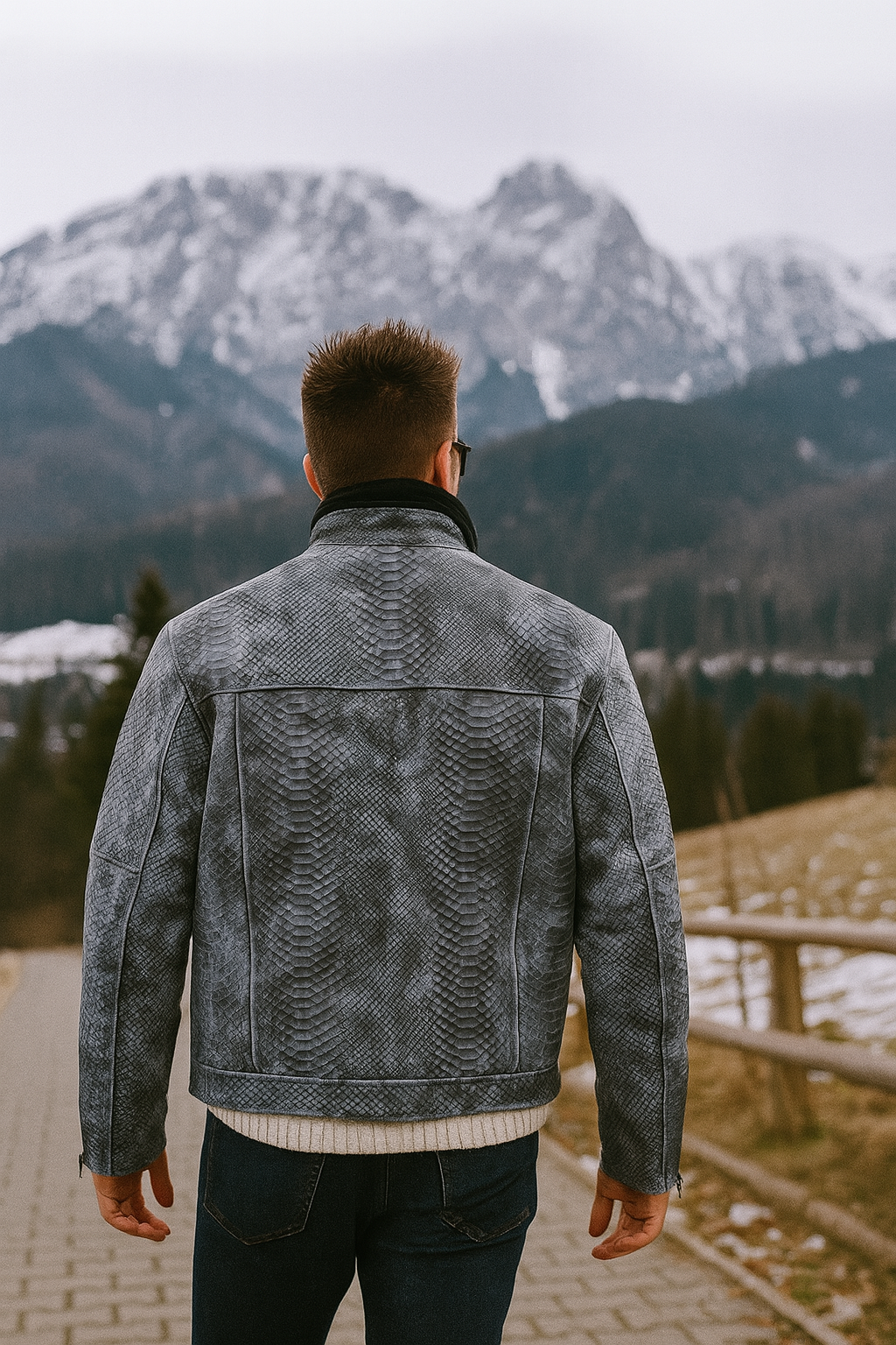 mens Unique Wash Gray Snake-Embossed Leather Jacket houston
