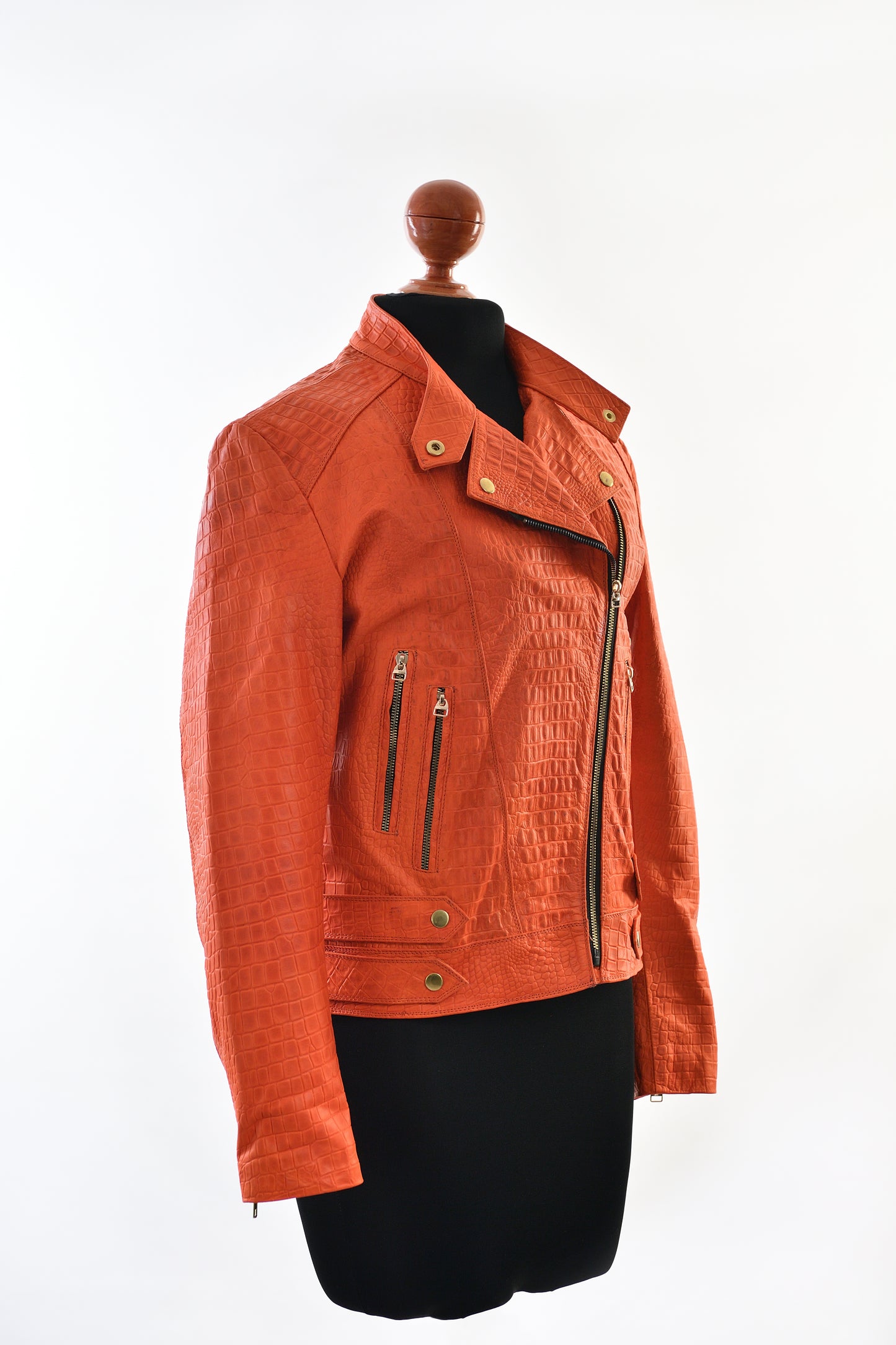 women Crocodile-Embossed Leather Jacket in Burnt Orange