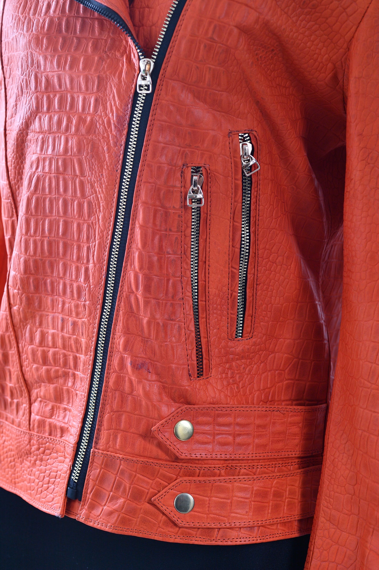 women Crocodile-Embossed Leather Jacket in Burnt Orange texas