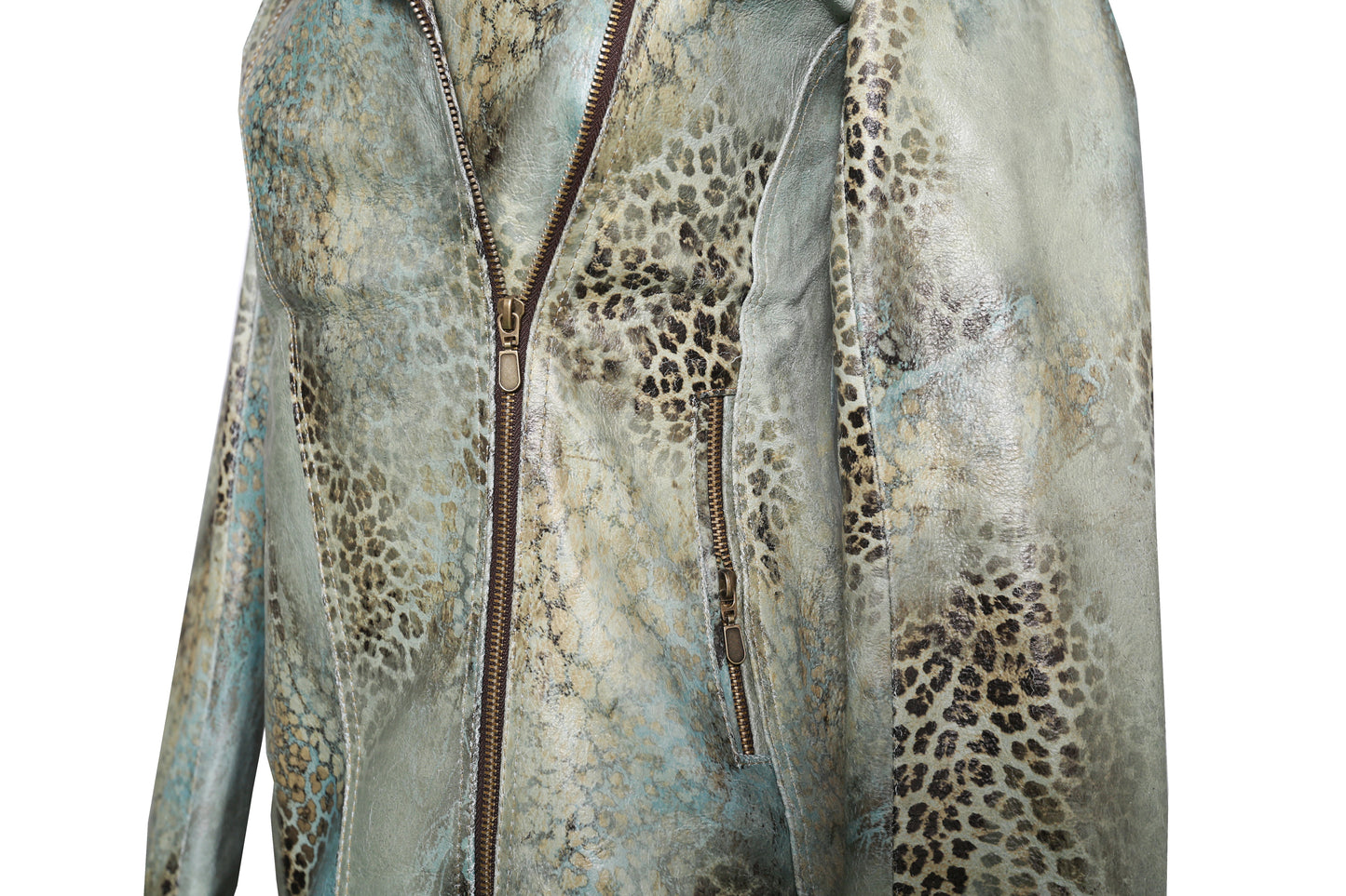 womens Antique Green Leather Biker Jacket dallas