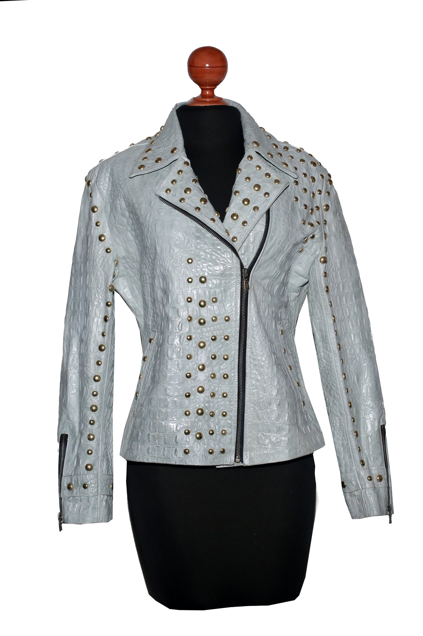 womens Arctic Gray Studded Leather Biker Jacket