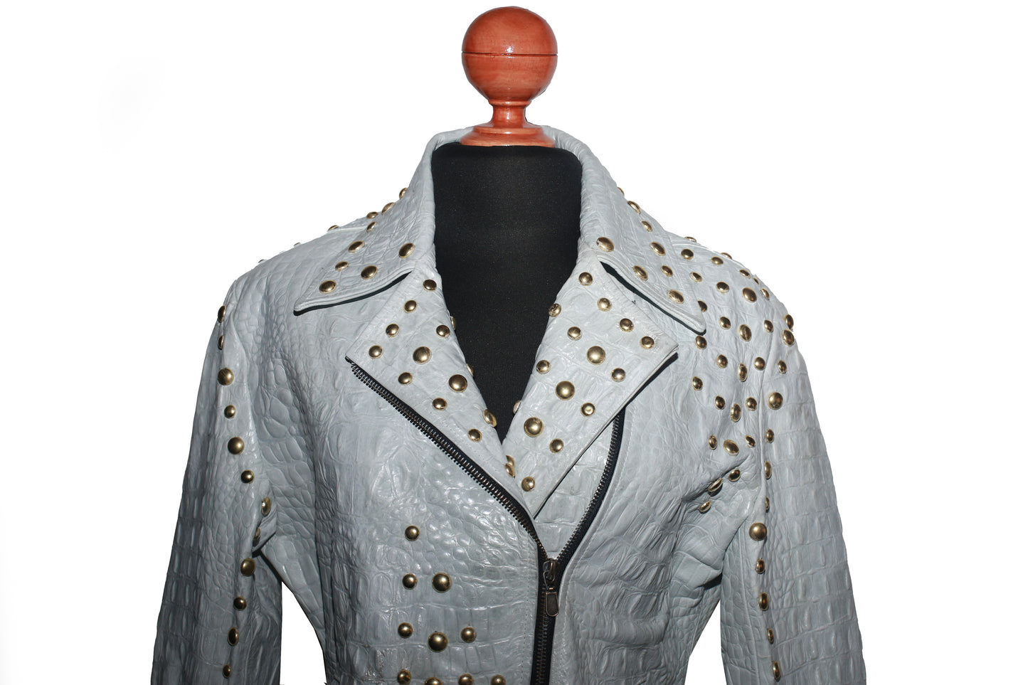 womens Arctic Gray Studded Leather Biker Jacket houston