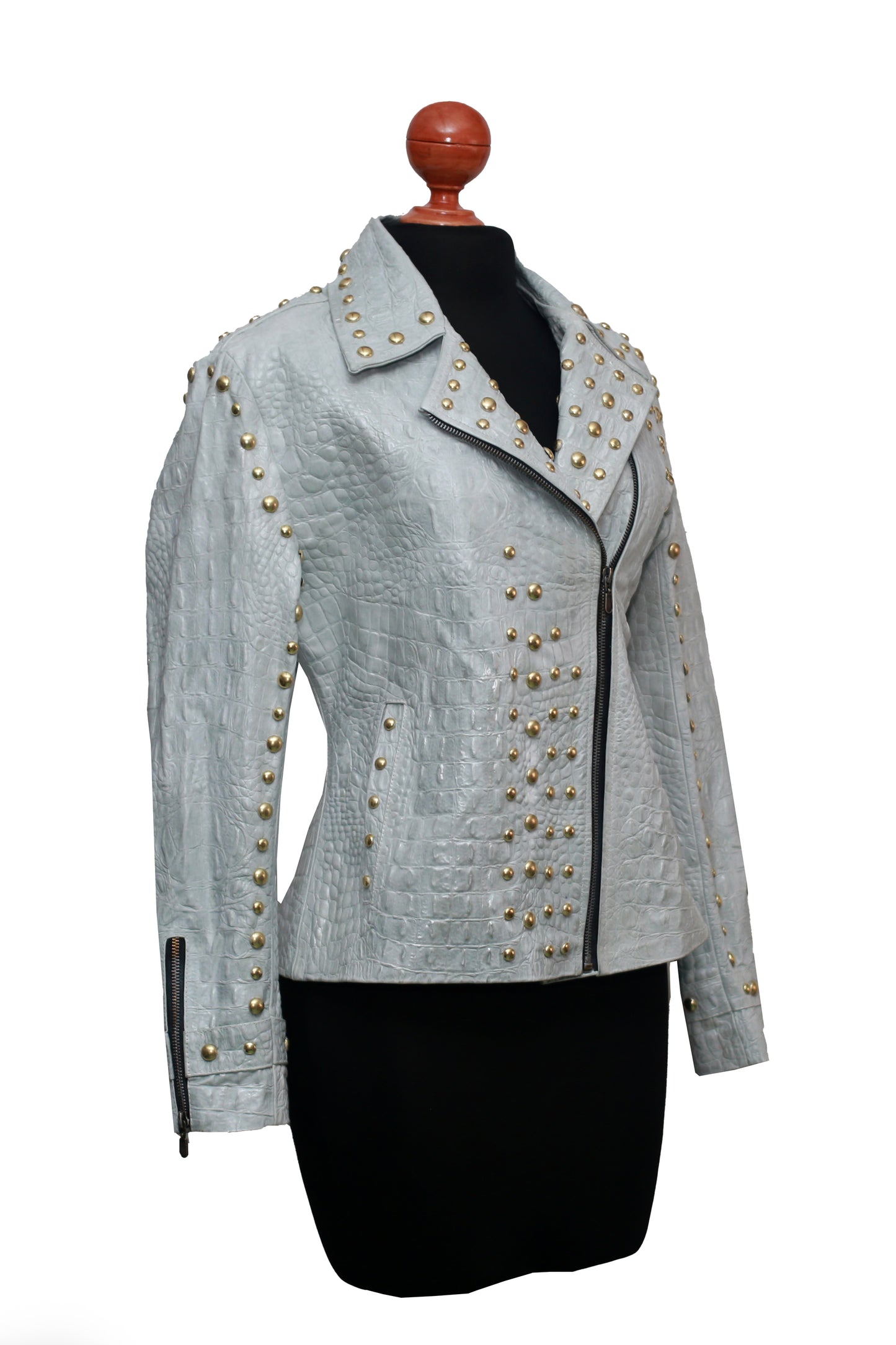 womens Arctic Gray Studded Leather Biker Jacket los angeles