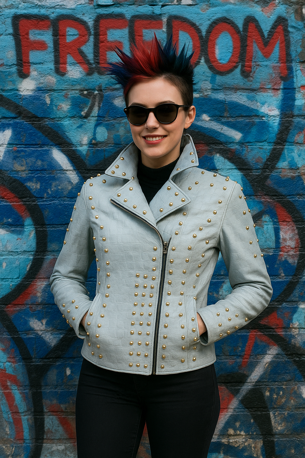 womens Arctic Gray Studded Leather Biker Jacket miami