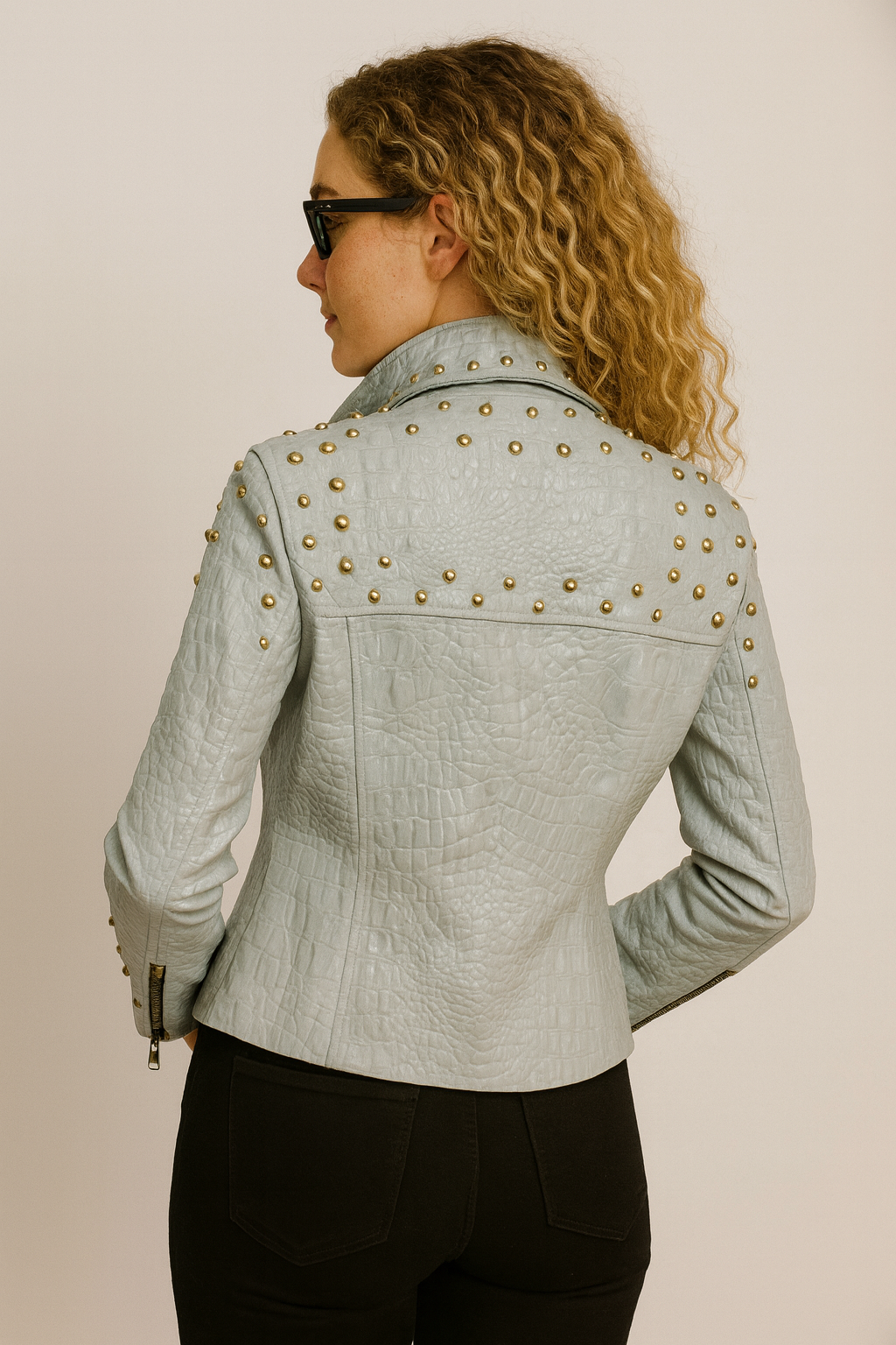 womens Arctic Gray Studded Leather Biker Jacket san diego