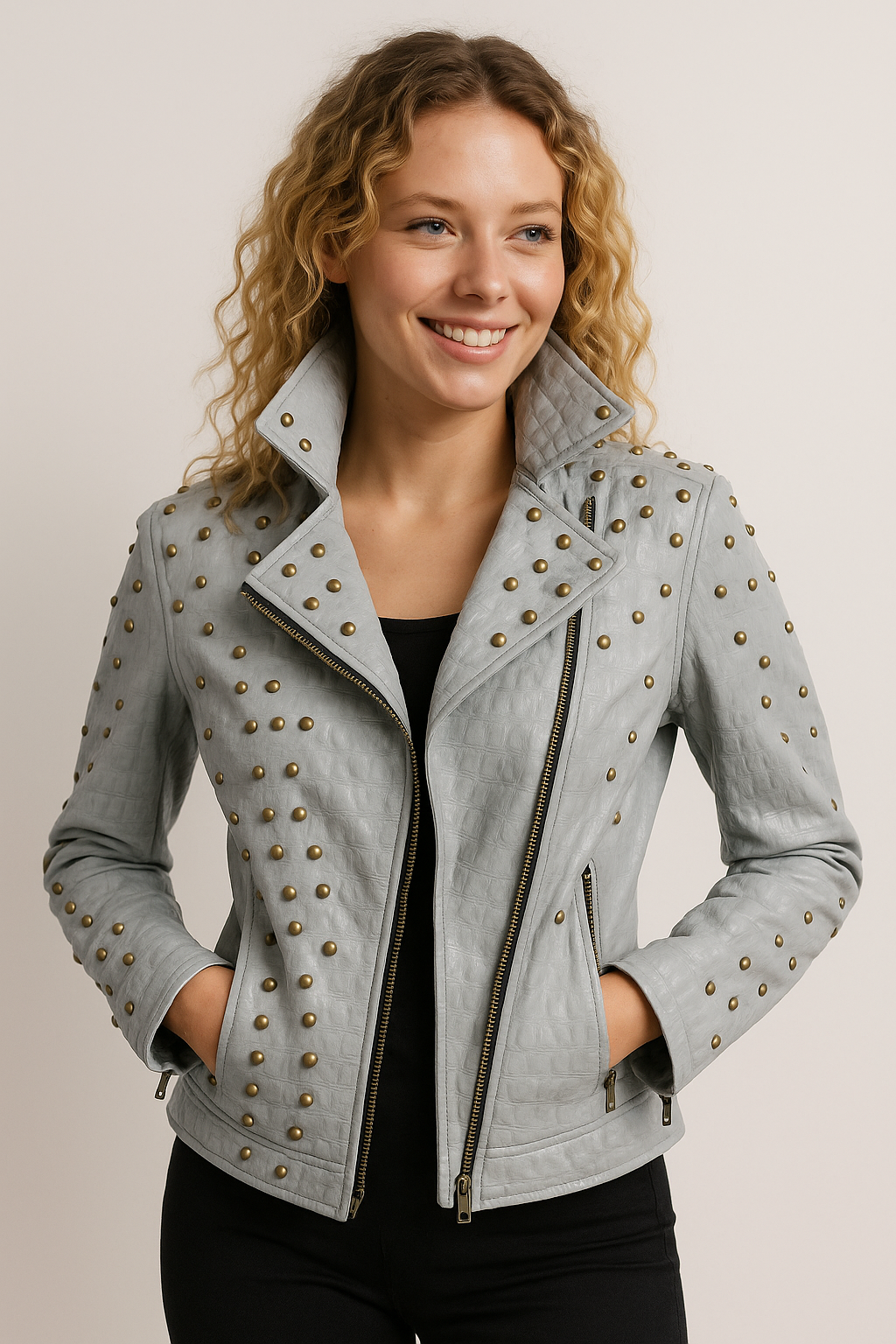 womens Arctic Gray Studded Leather Biker Jacket ventura
