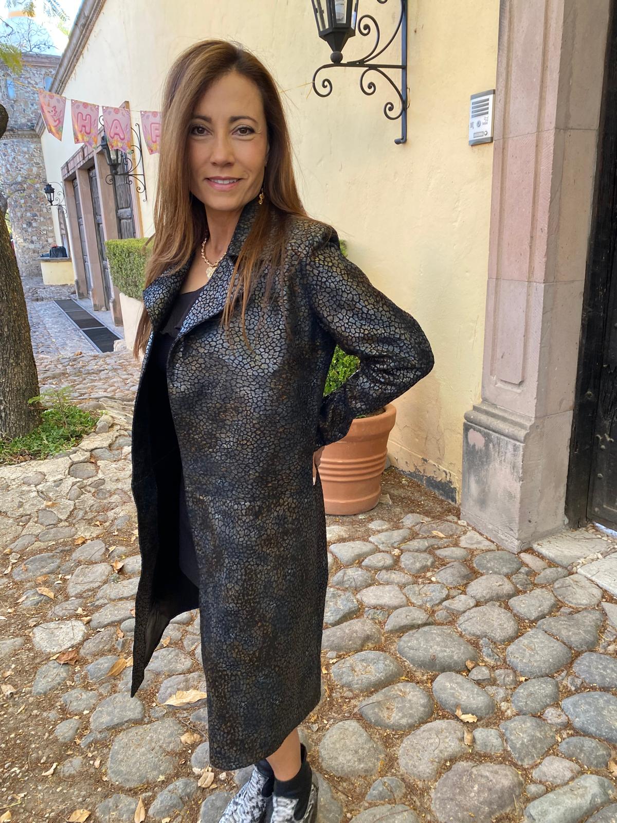 womens Black Jungle Texture Overcoat – Dark Animal Print Leather Statement Coat