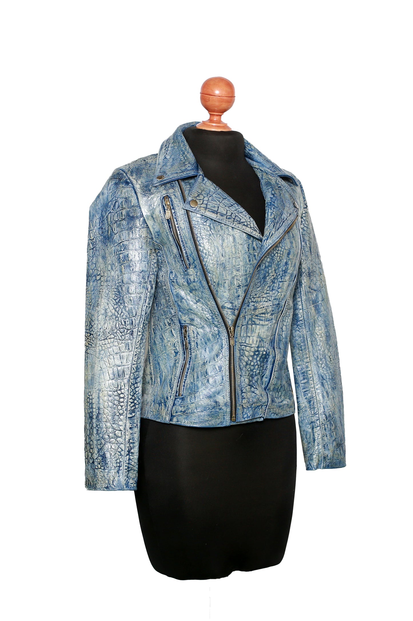 womens Blue Biker Jacket – Crocodile Embossed Leather