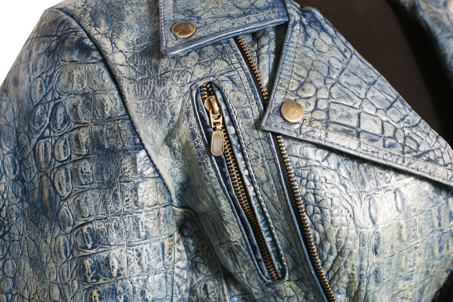 womens Blue Biker Jacket – Crocodile Embossed Leather modesto