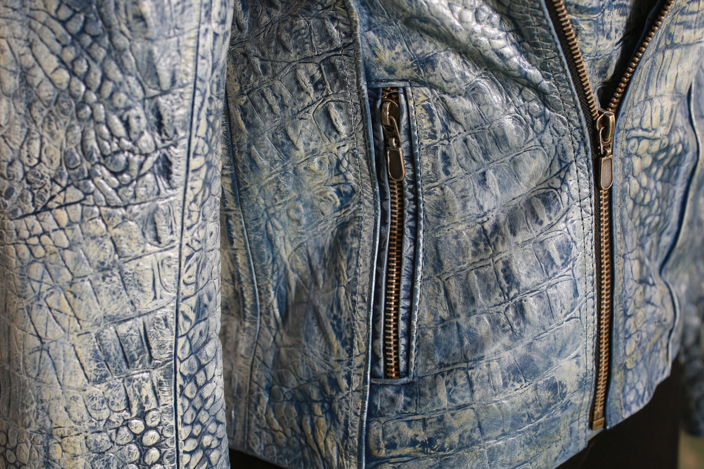 womens Blue Biker Jacket – Crocodile Embossed Leather new york