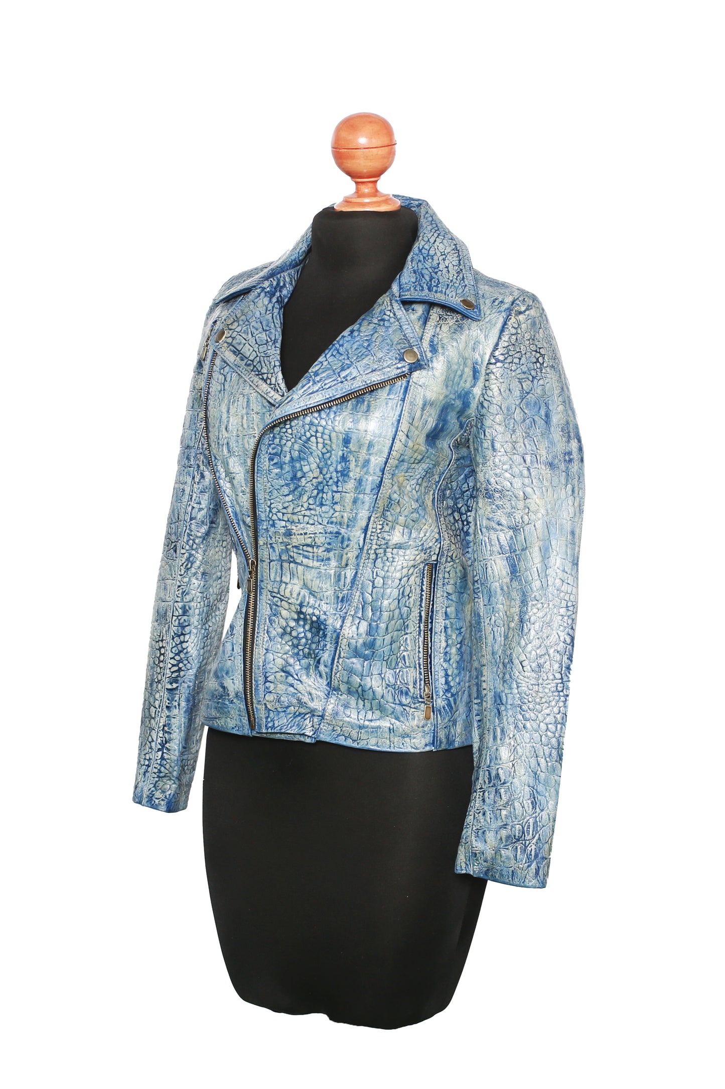 womens Blue Biker Jacket – Crocodile Embossed Leather san antonio