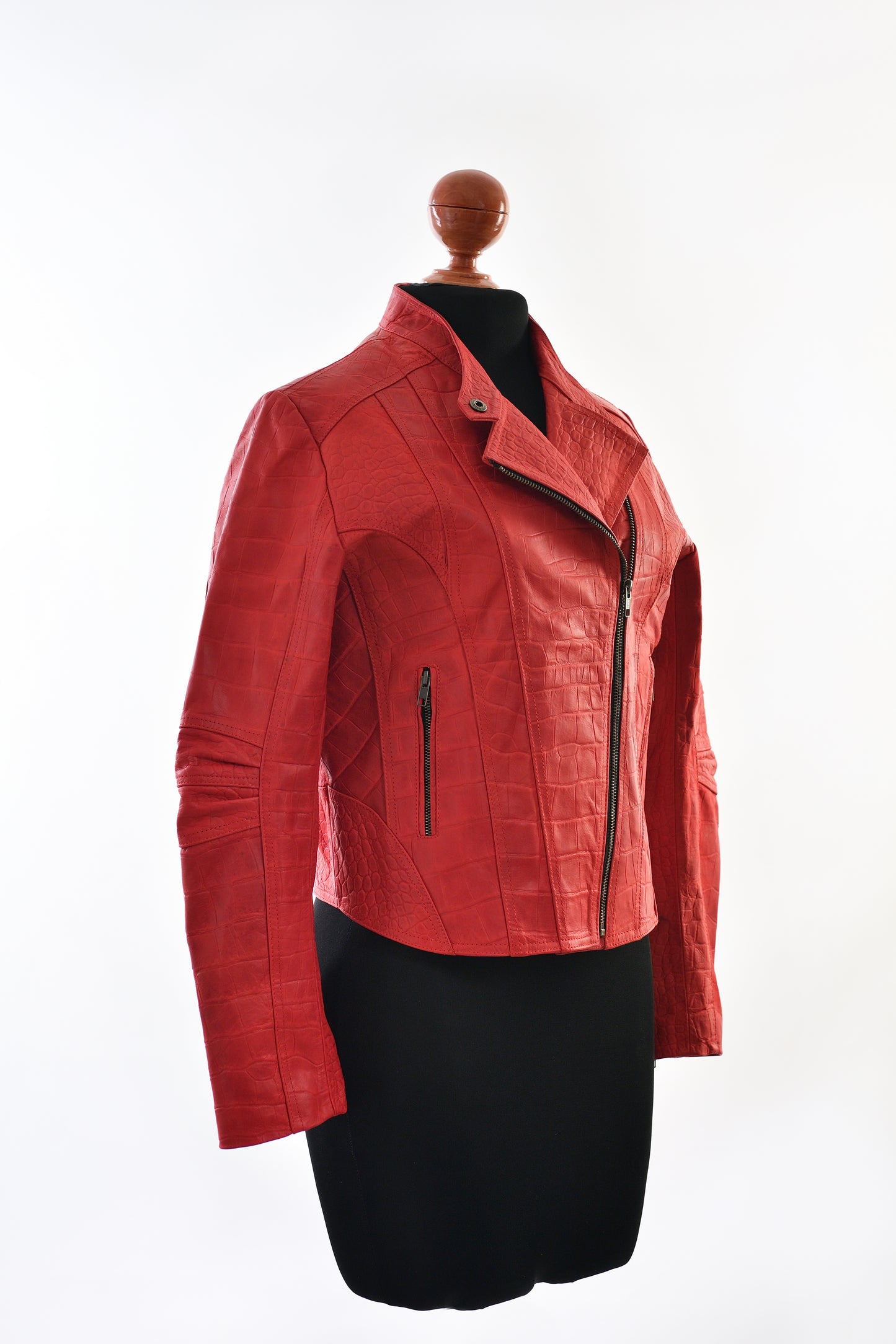 womens Crocodile Effect Moto Jacket in Vibrant Red