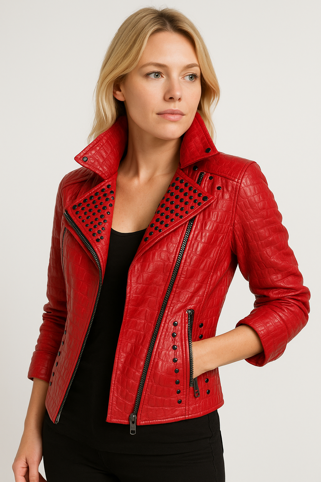 womens Crocodile Leather Jacket – Red Embossed Leather houston