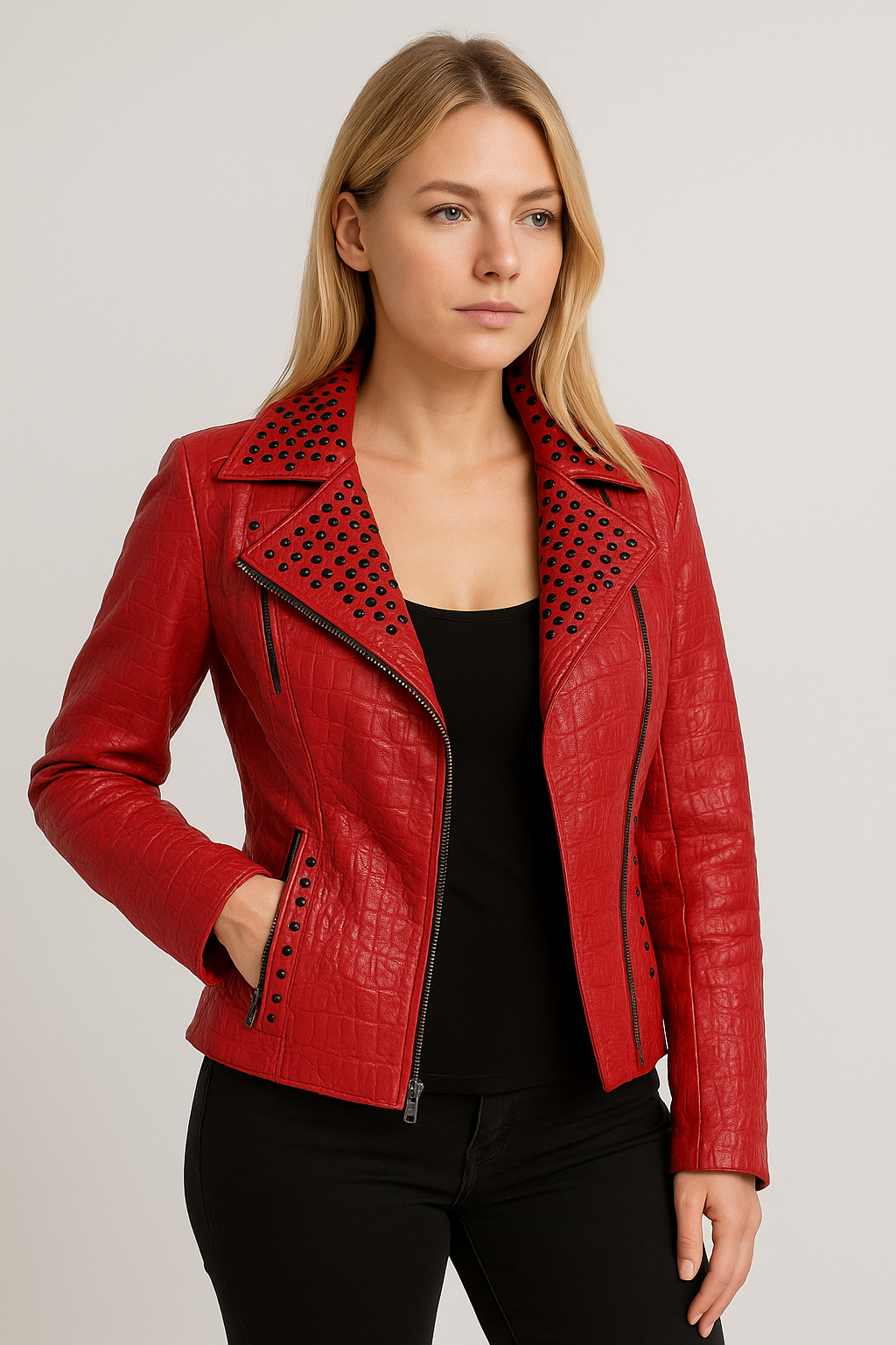 womens Crocodile Leather Jacket – Red Embossed Leather new york