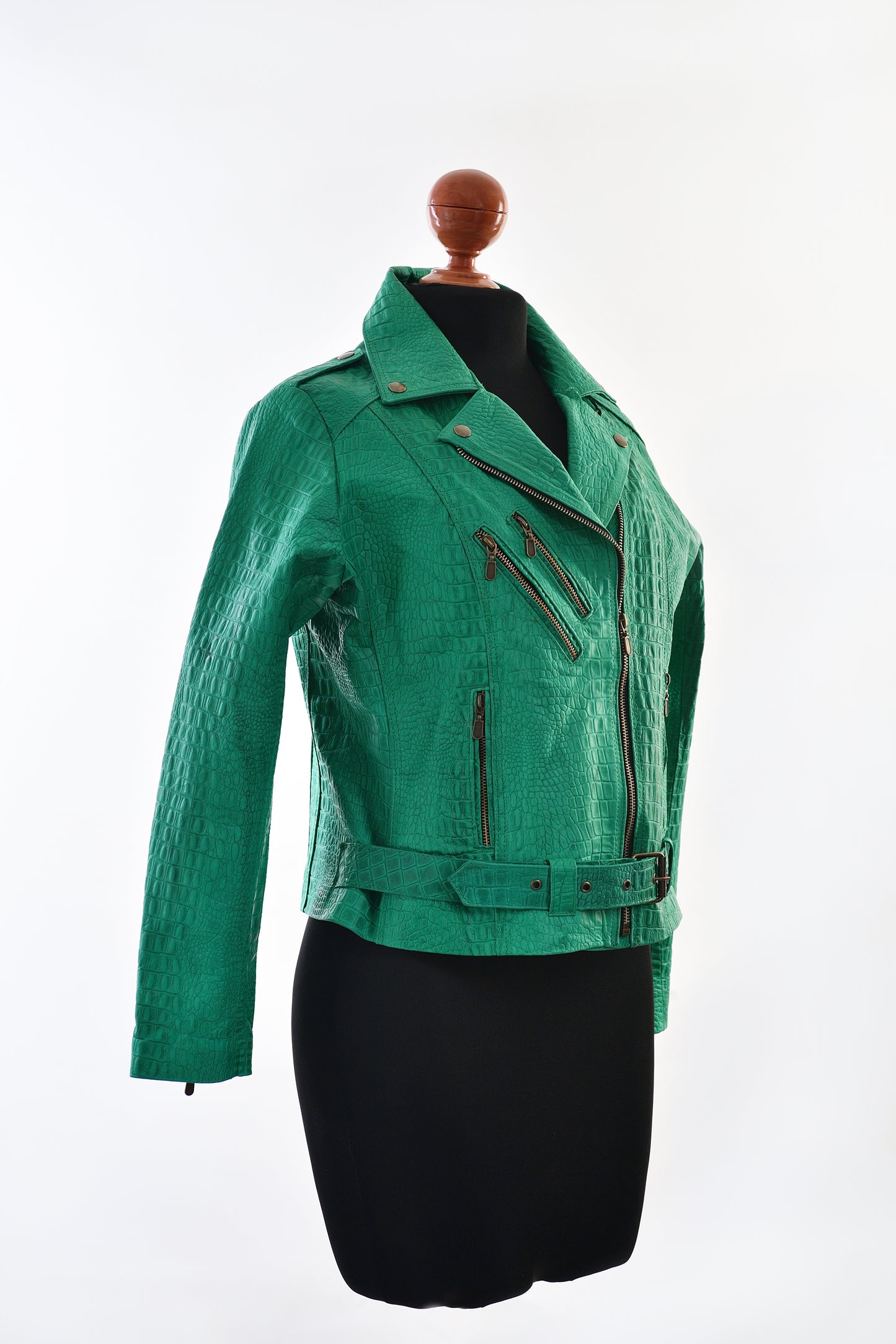 womens Emerald Luxe Croc-Embossed Leather Biker Jacket
