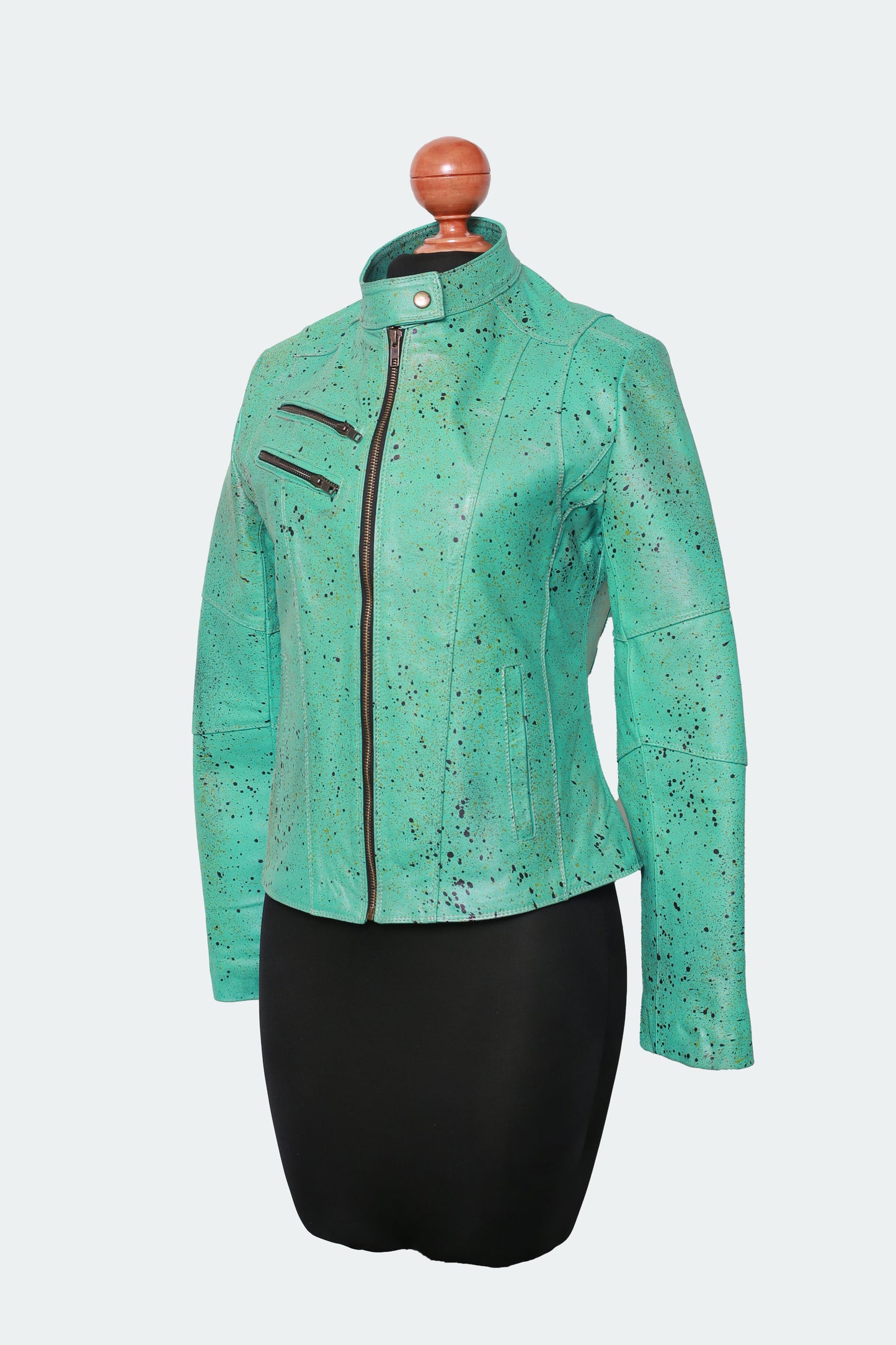 womens Emerald Mist Leather Jacket – Speckled Teal Statement Outerwear