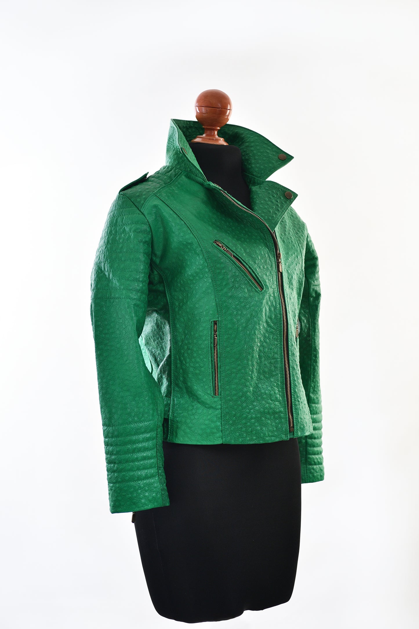 womens Green Ostrich-Embossed Leather Biker Jacket