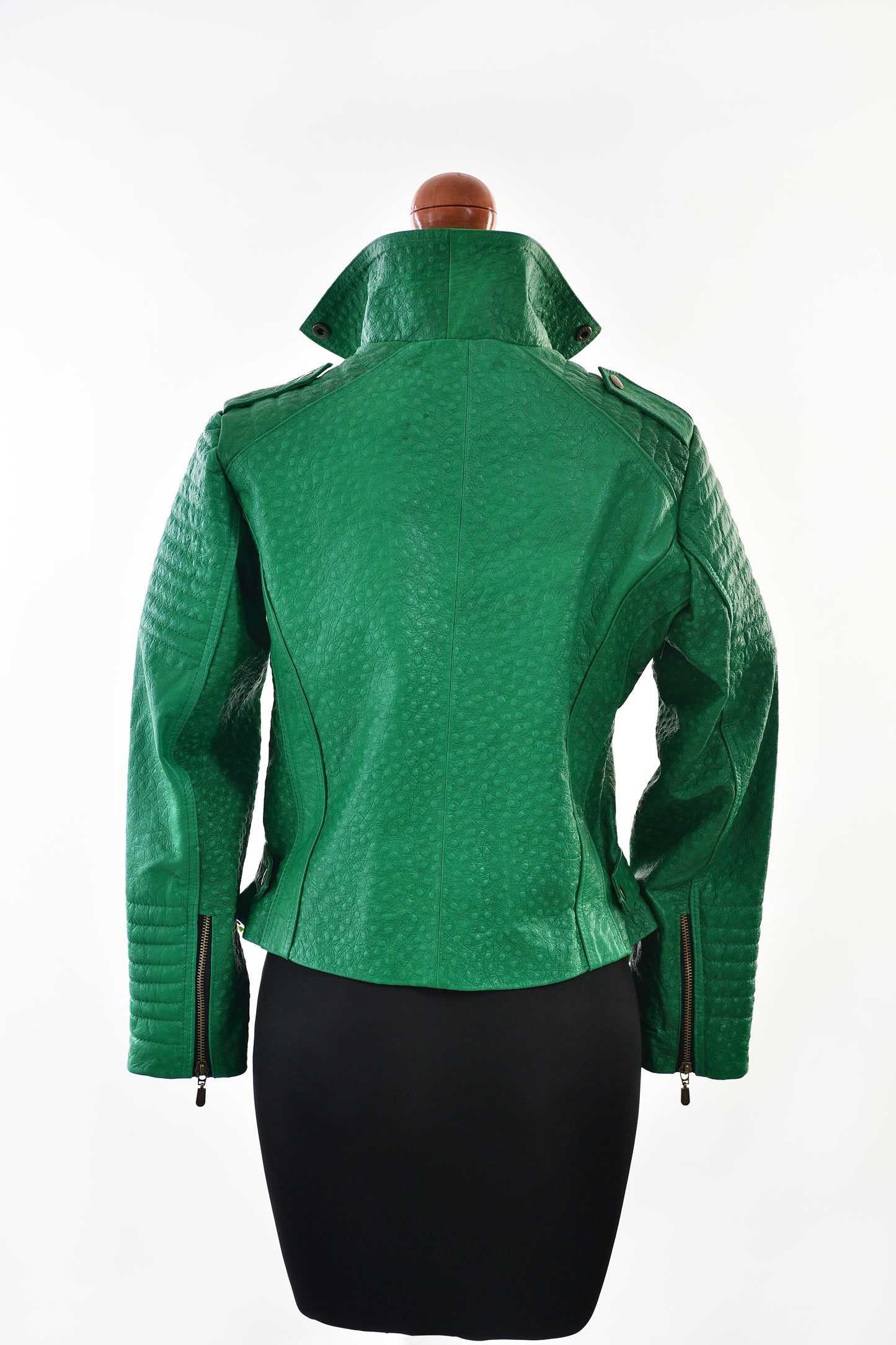 womens Green Ostrich-Embossed Leather Biker Jacket los angeles