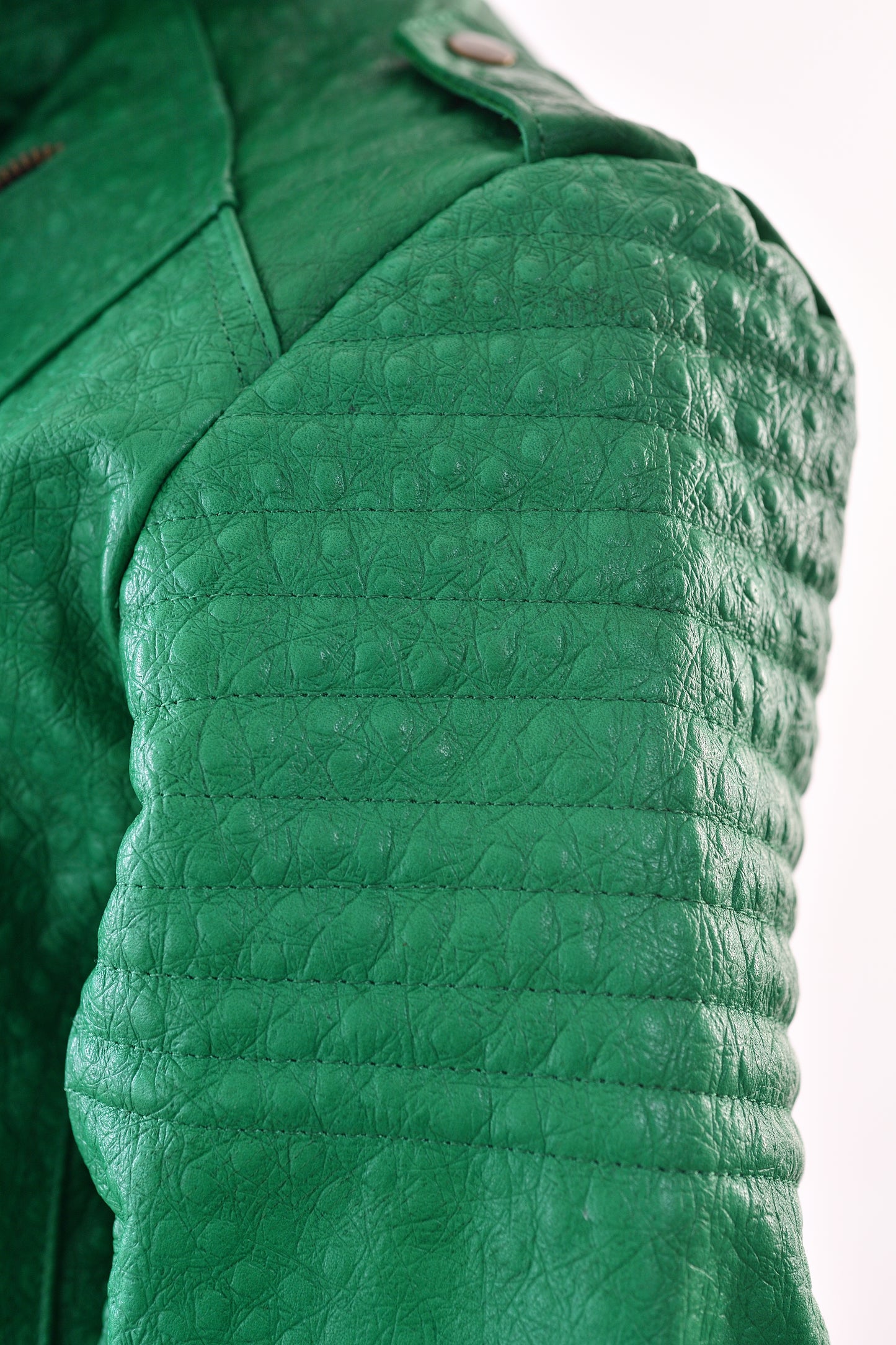 womens Green Ostrich-Embossed Leather Biker Jacket texas