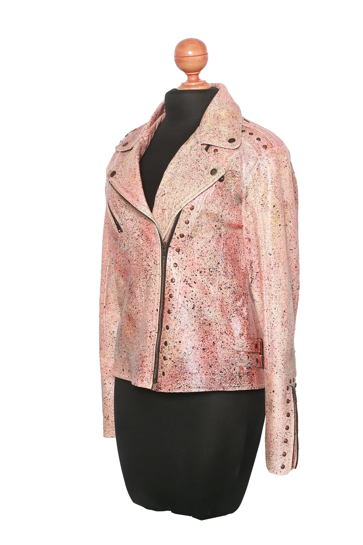 womens Light Rose Biker Jacket with Modern Edge – Hand-Decorated Leather with Stud Accents
