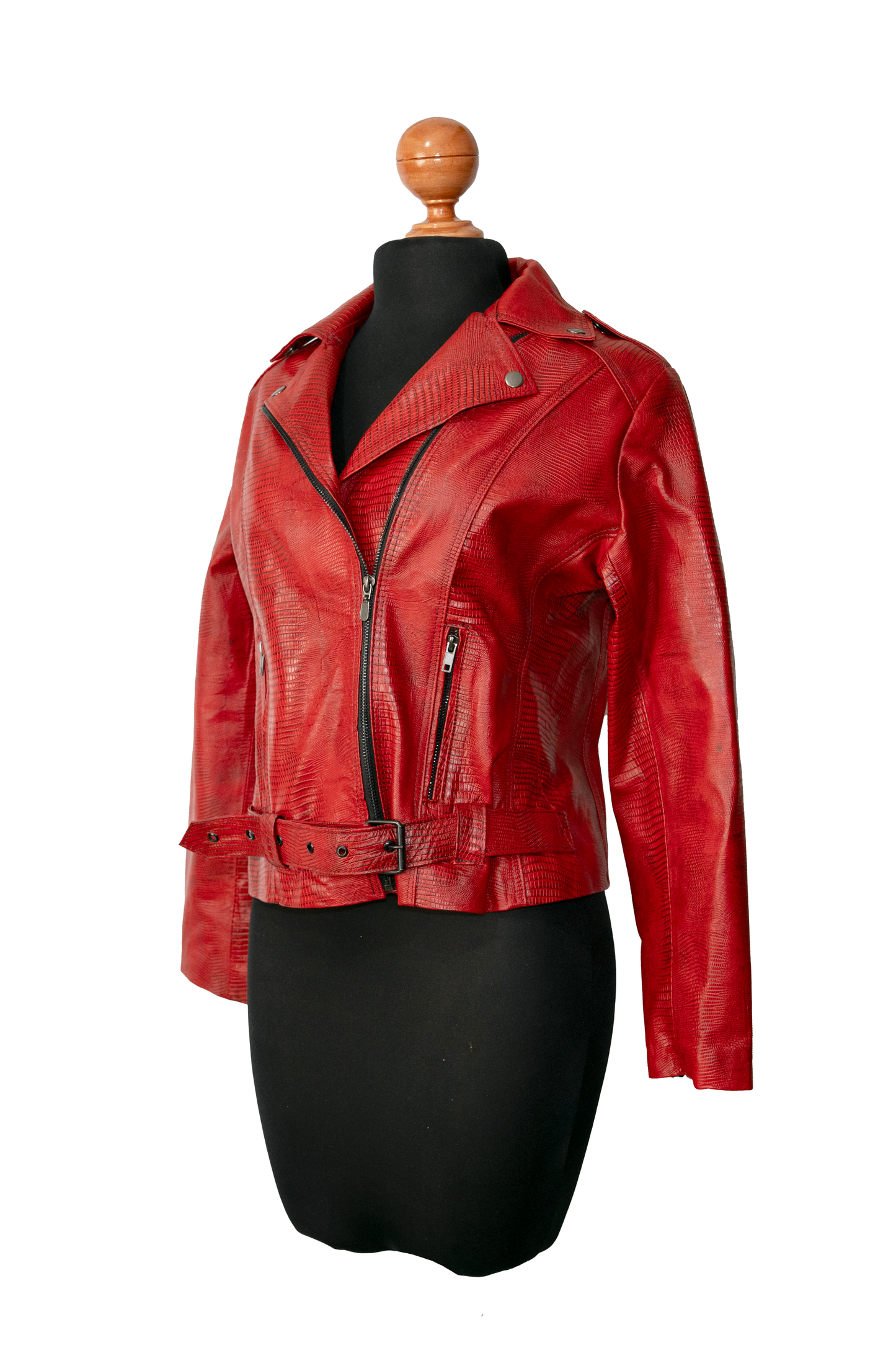 womens Lizard-Pattern Crimson Motorcycle Jacket – Distressed Red Leather with Exotic Texture