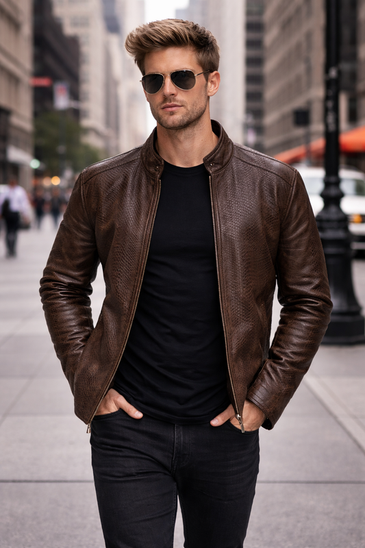 How to Style a Leather Jacket — Men's Classic Brown Python-Textured Leather Jacket from León Mexico
