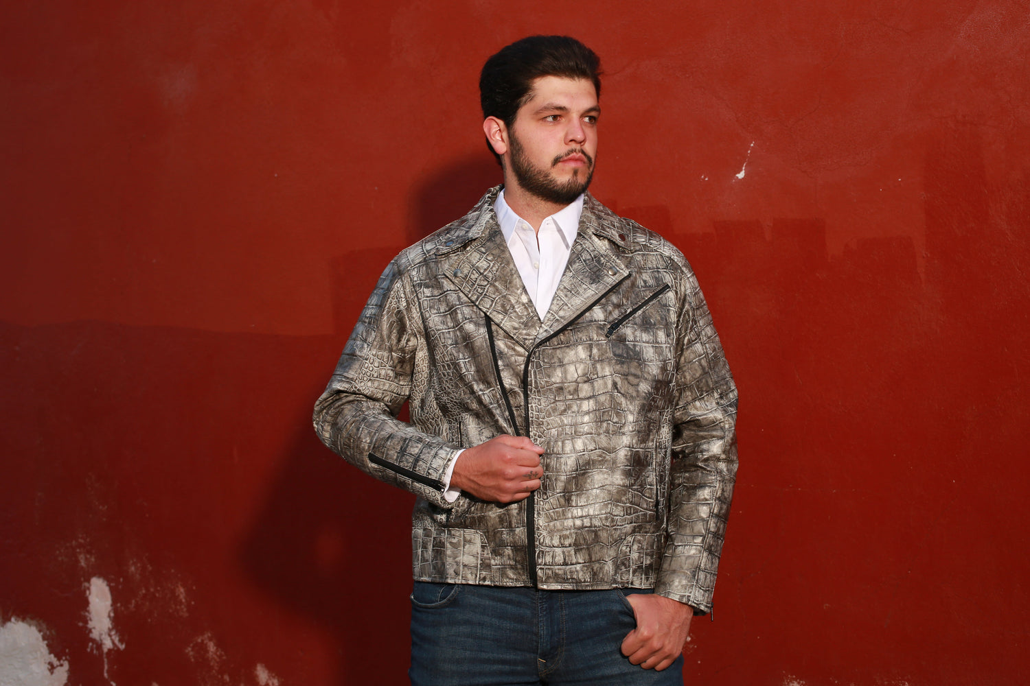 Men's Leather Jackets — Handcrafted Charcoal Crocodile Embossed Rider Jacket from León, Mexico
