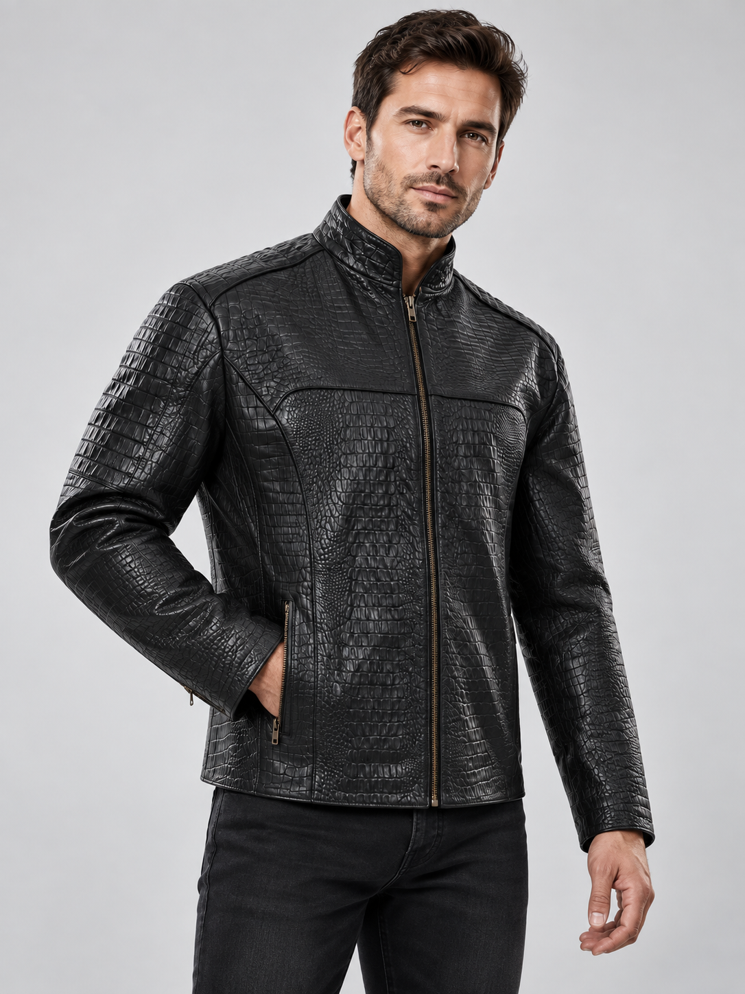 Men's Midnight Croc Leather Jacket – Sleek Black with High-Gloss Exotic