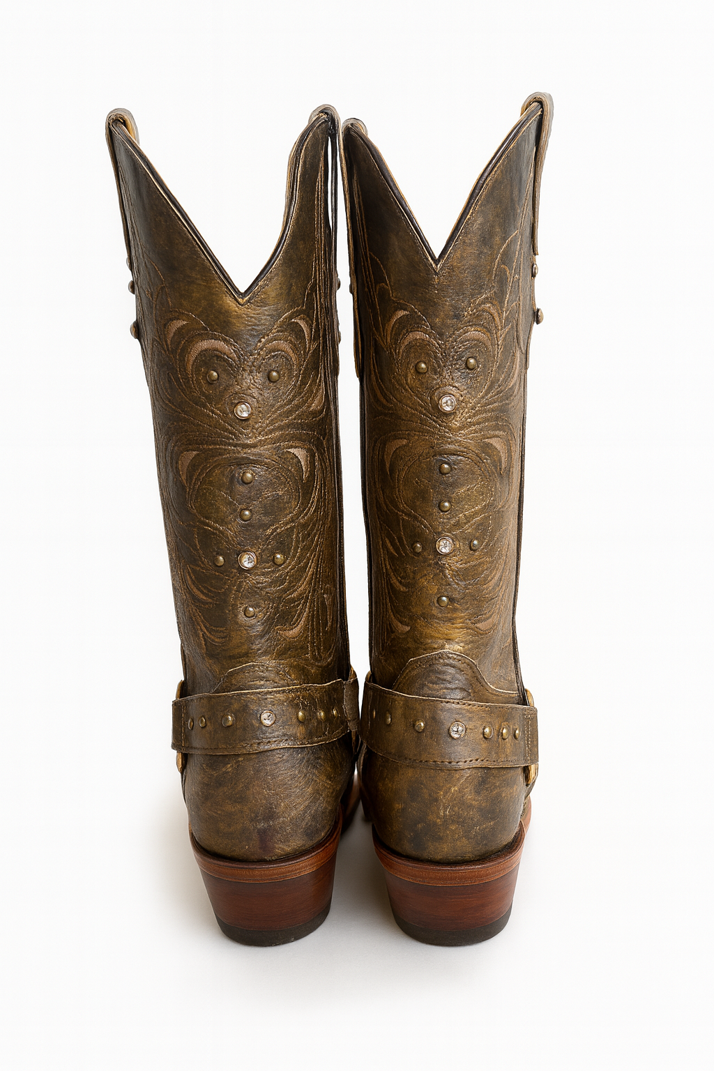 Distressed Western Leather Boots with Studs & Embroidery