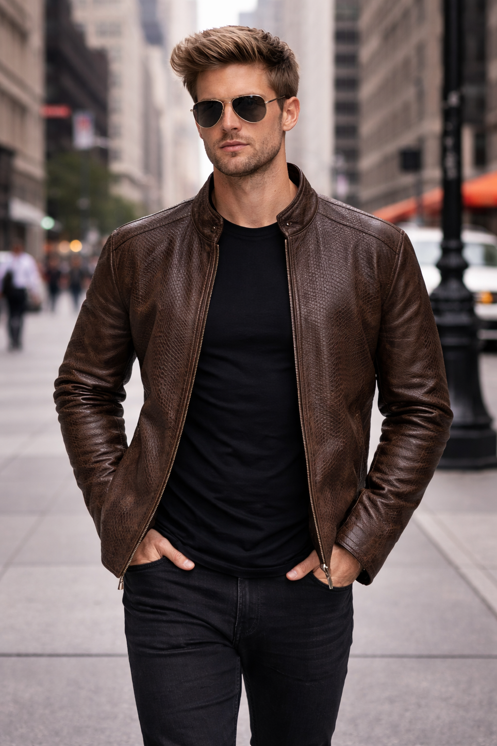 Men's Classic Brown Python-Textured Leather Jacket front view — Anchorage AK