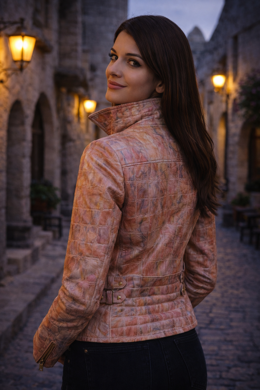 Women's Vivid Croc Leather Biker Jacket – Hand-Stained Artistic Expression