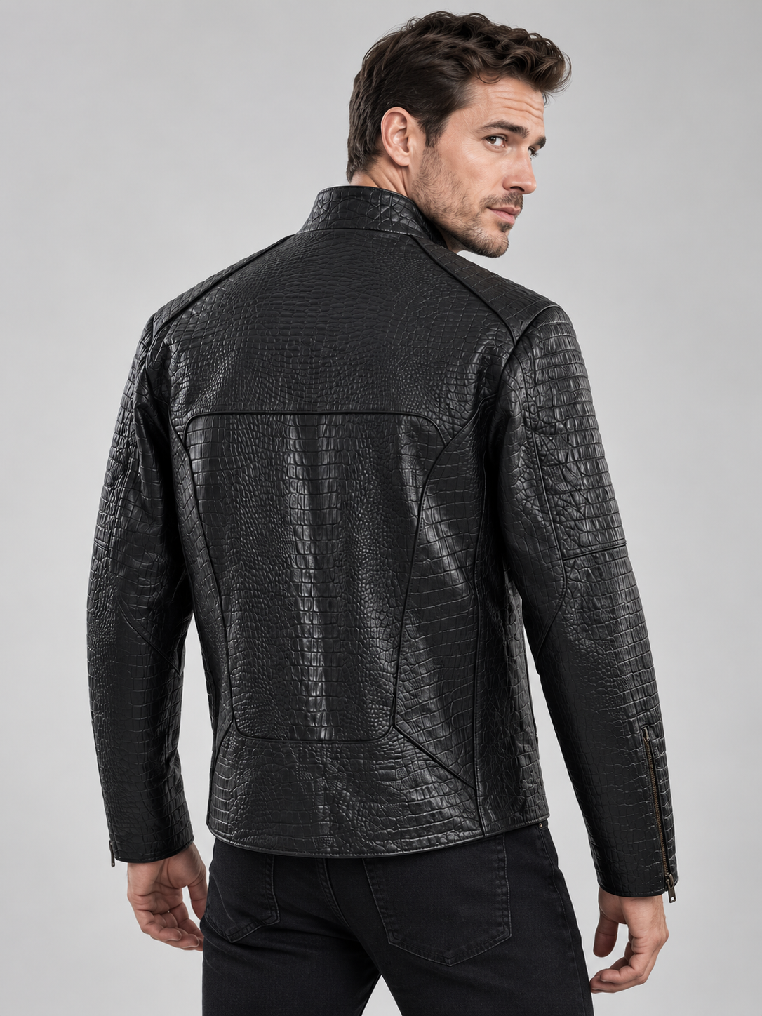 Men's Midnight Croc Leather Jacket – Sleek Black with High-Gloss Exotic