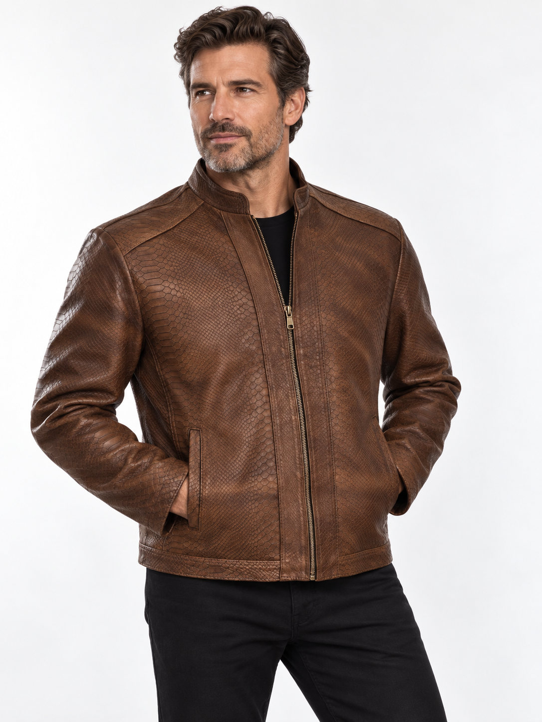 Men's Classic Brown Python-Textured Leather Jacket – Exotic Embossing