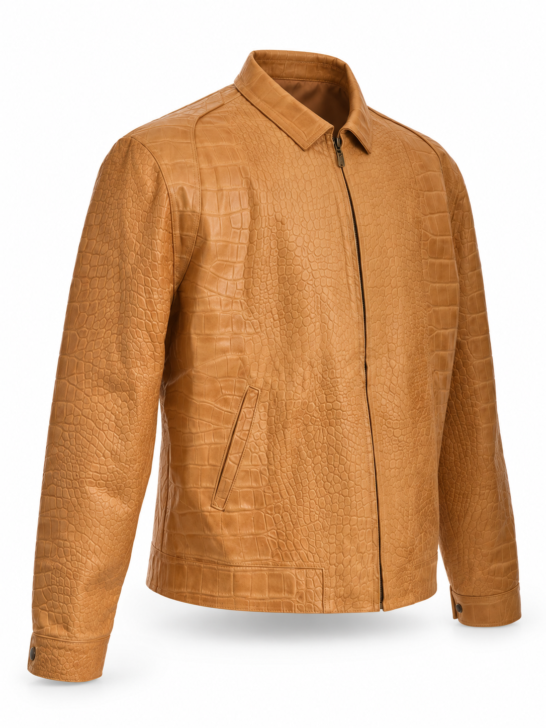 Sand Crocodile-Embossed Leather Jacket – Bold Texture, Refined Style
