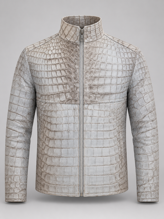 White Genuine Crocodile Leather Jacket – Men’s High-End Exotic Skin