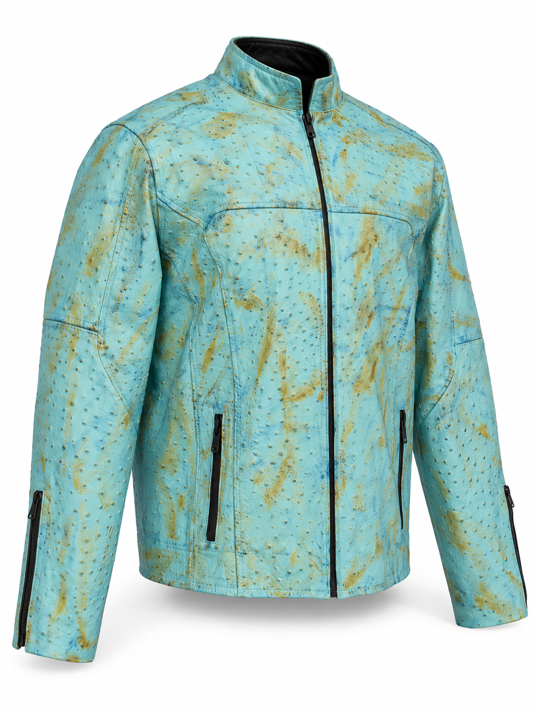 Men's Ostrich Leather Jacket – Bold Quill Texture - Aqua Sky