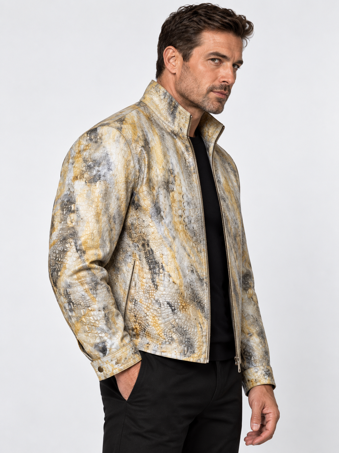 Yellow Crocodile Embossed Leather Jacket for Men – Handcrafted