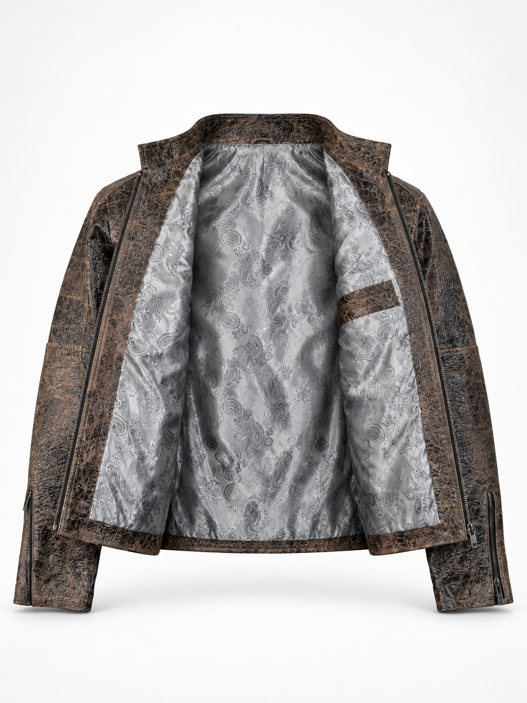 Men's Rustic Charcoal-Brown Leather Moto Jacket – Animal Embossed Finish