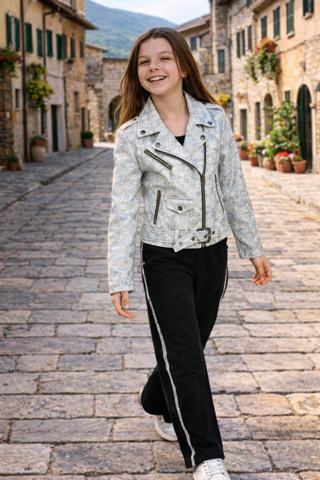 Kids Light Metallic Leather Jacket – Delicate Lace-Pattern Design