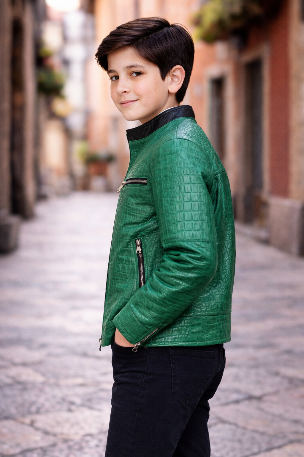 Kids Exotic Pattern Leather Racer Jacket – Emerald Green Croc-Embossed