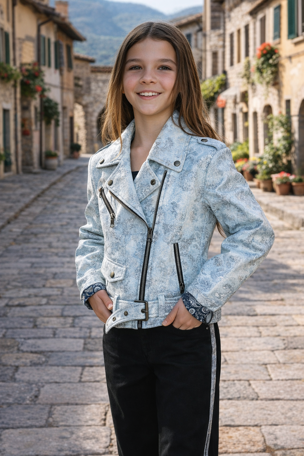 Kids Light Metallic Leather Jacket – Delicate Lace-Pattern Design