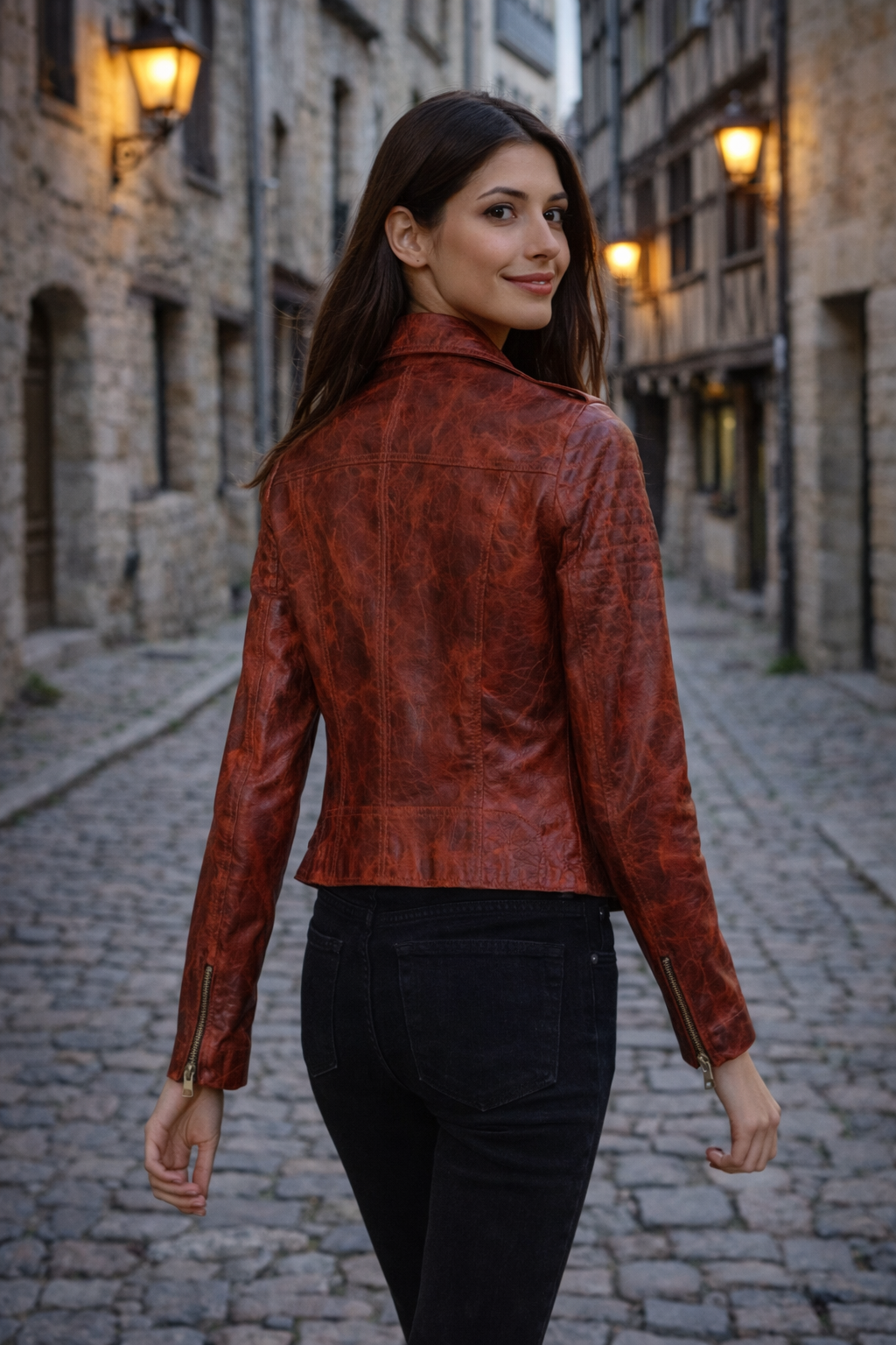 Women's Vintage Flame Leather Moto Jacket – Crimson & Rust Animal Embossed