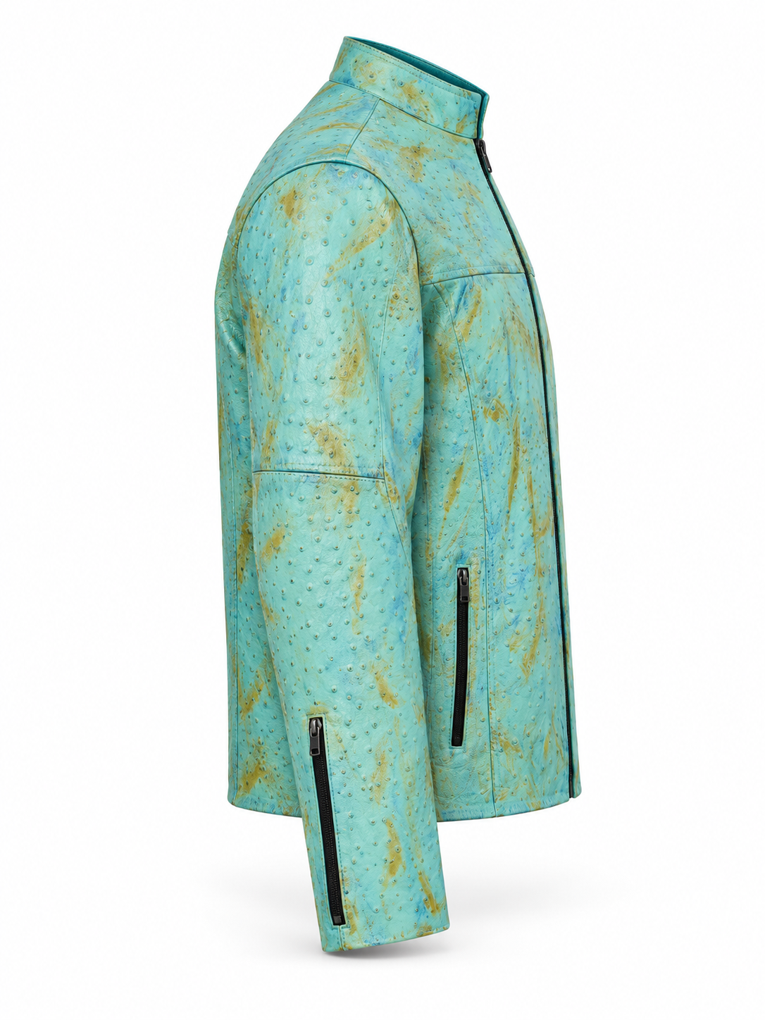 Men's Ostrich Leather Jacket – Bold Quill Texture - Aqua Sky