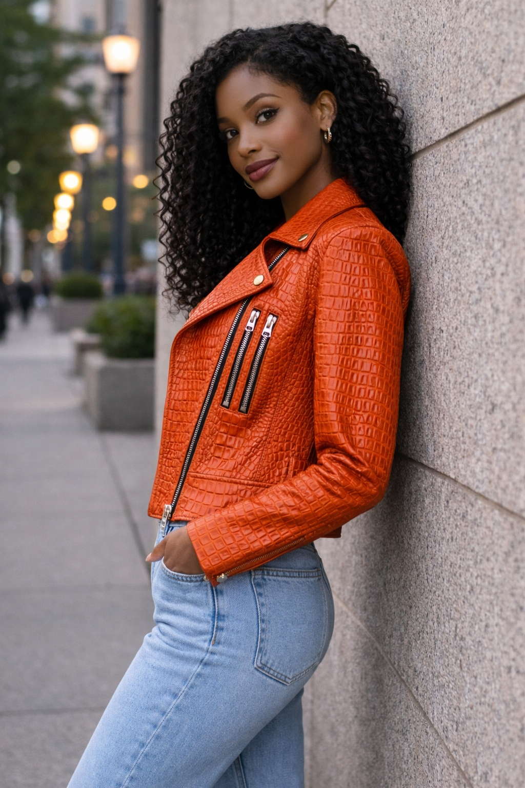 Women's Uptown Cruiser Crocodile-Embossed Leather Jacket in Burnt Orange