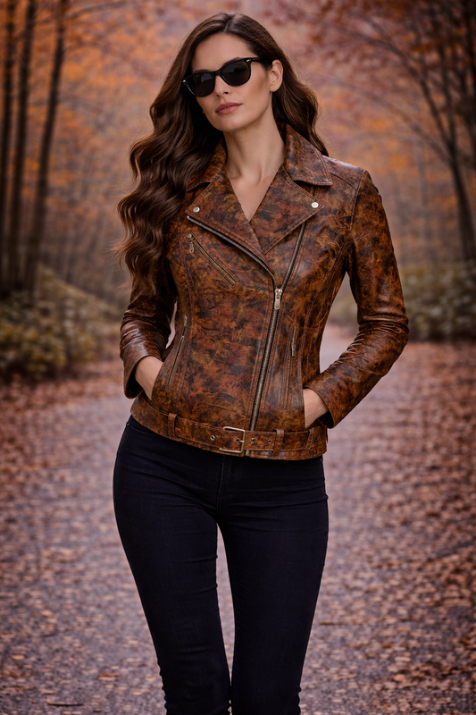 Women's Autumn Drizzle Floral Leather Jacket – Cropped Biker