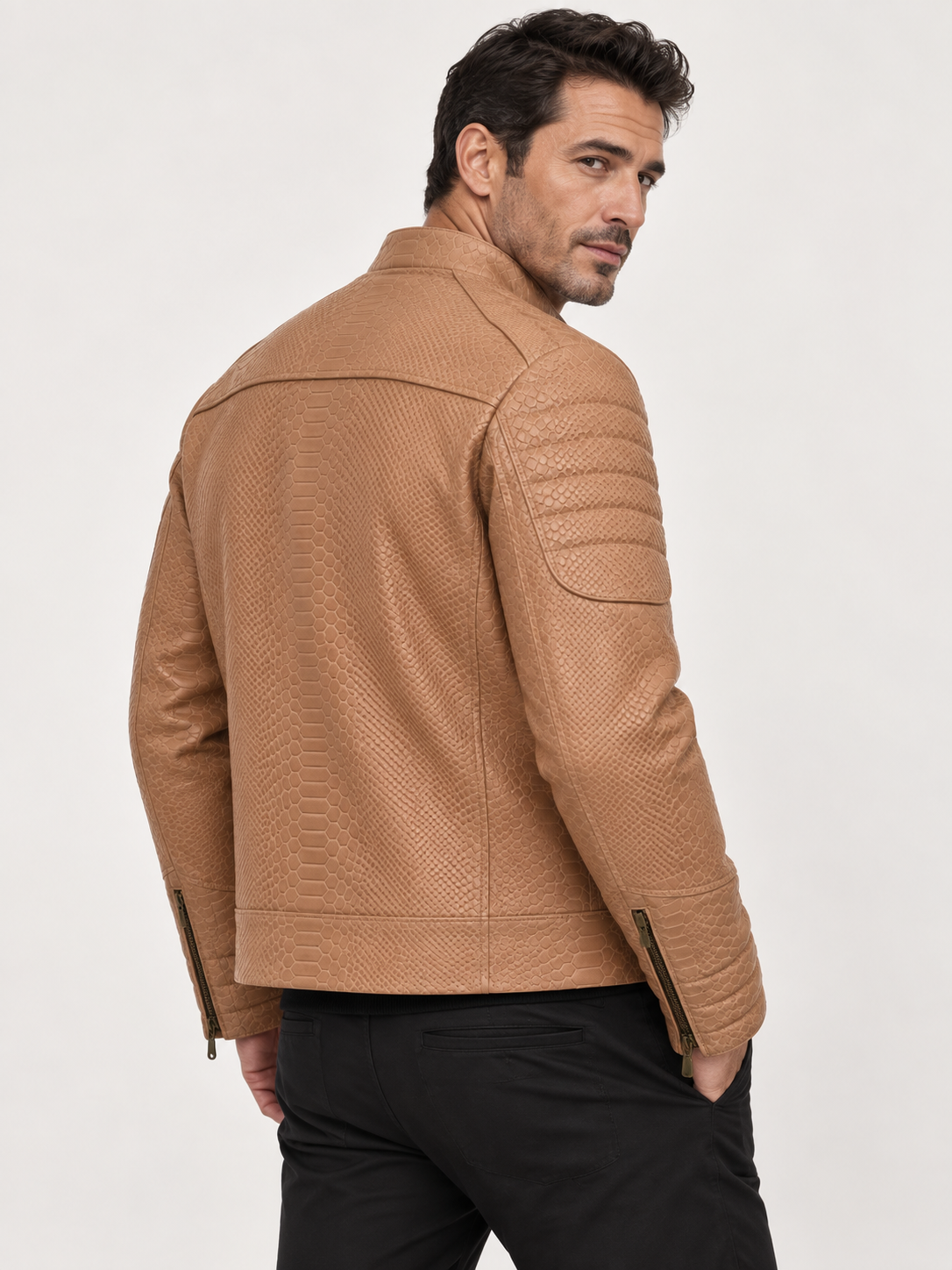 Men's Light Tan Reptile-Embossed Leather Moto Jacket
