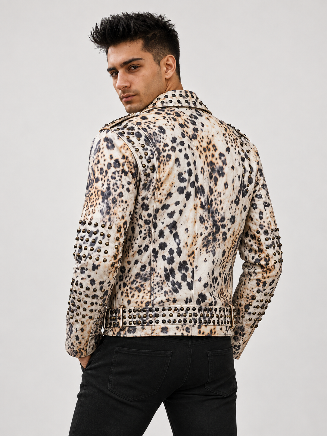 Men's Leopard-Pattern Leather Jacket with Stud Accents