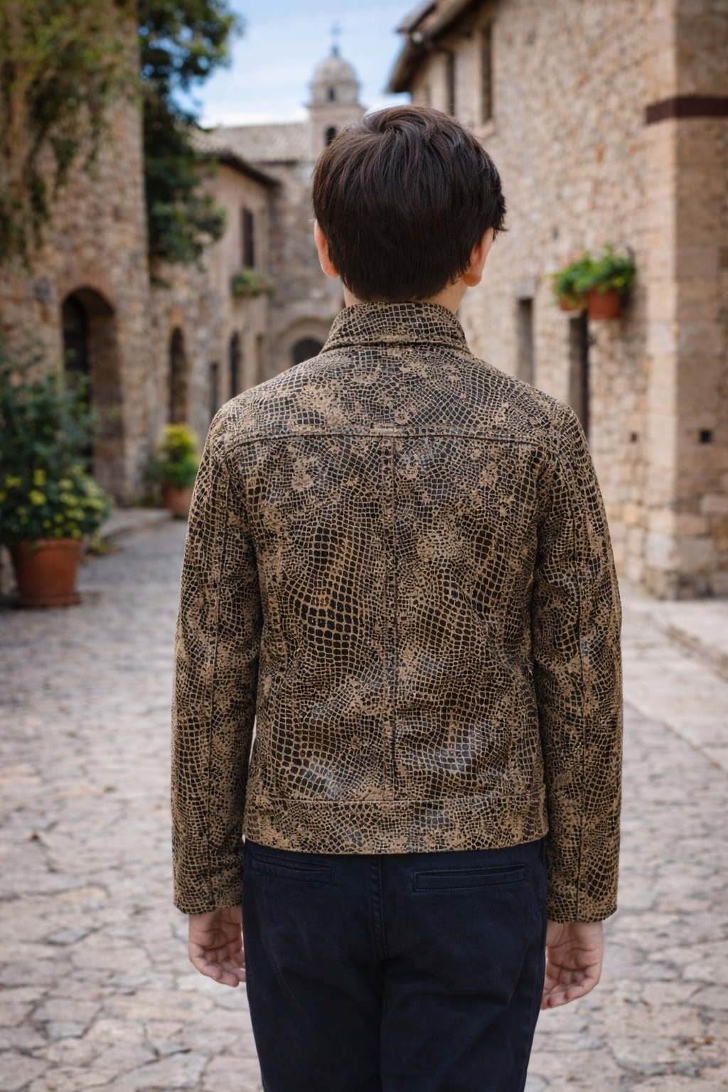 Boys Reptile-Pattern Leather Racer Jacket